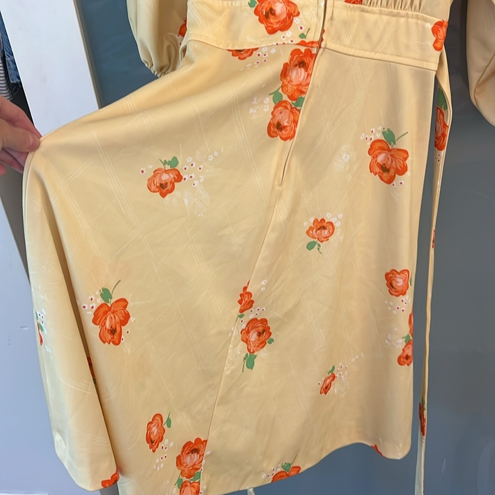 Vtg 60s 70s Mod Yellow Floral Dress Dagger Collar Puff Sleeve - Picture 6 of 10